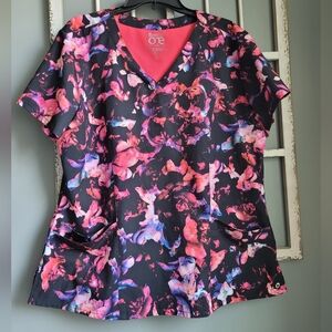 Barco Uniforms, Large, Black Scrub Top with Pink Floral Print
